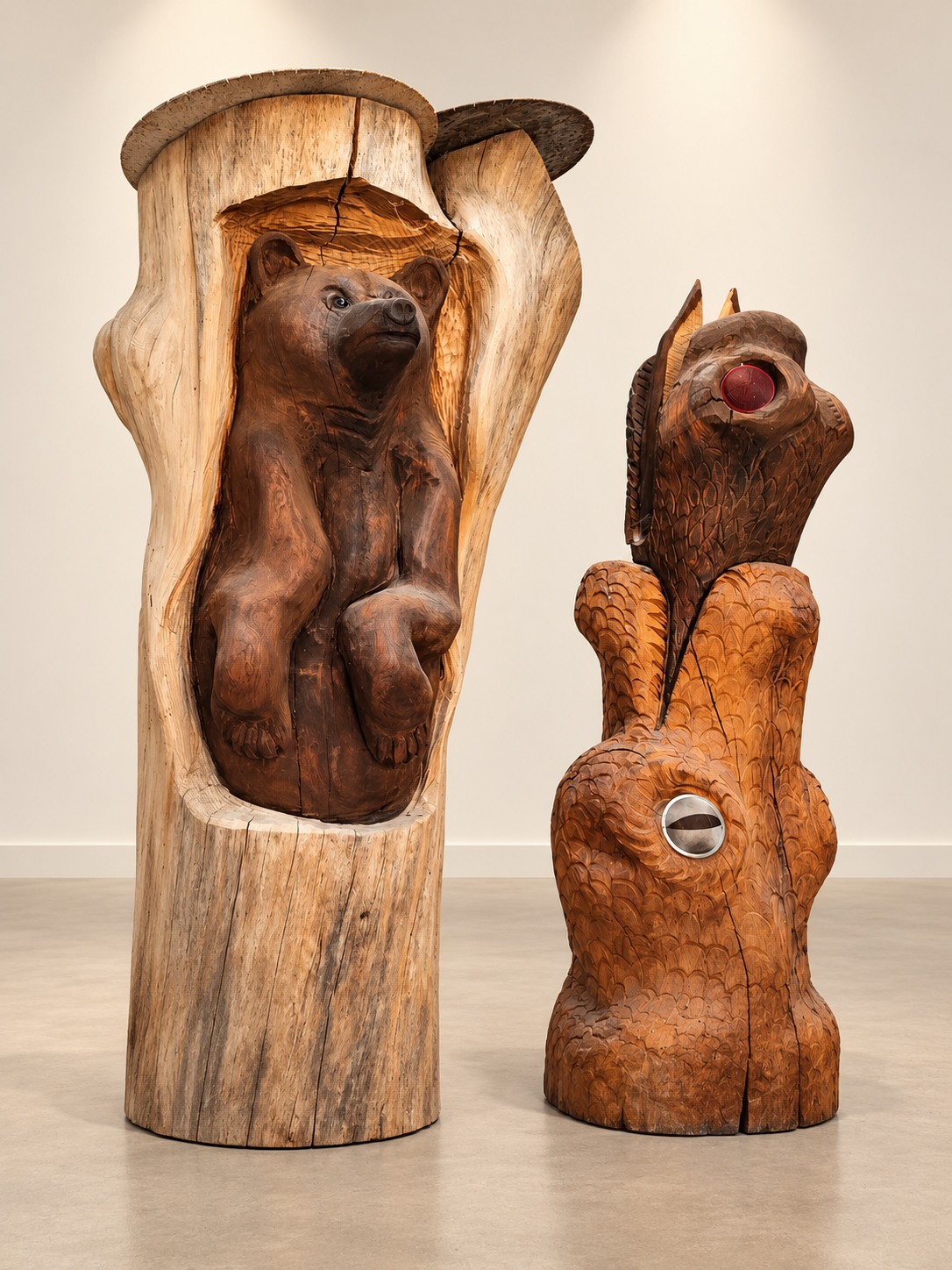Orso e Serpente, sculture in legno di Giovanni Cancellaro, esposte su fondo neutro